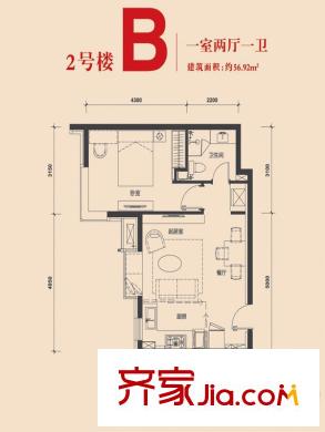 天津大悅城悅府戶型圖2號樓標(biāo)準(zhǔn)層B戶型（售罄） 1室2廳1衛(wèi)1廚