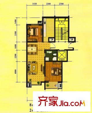 水岸明苑2號、8號A戶型 2室1廳1衛(wèi)1廚