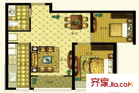 公園藝境南區(qū)5號樓標準層C2戶型 2室2廳1衛(wèi)1廚
