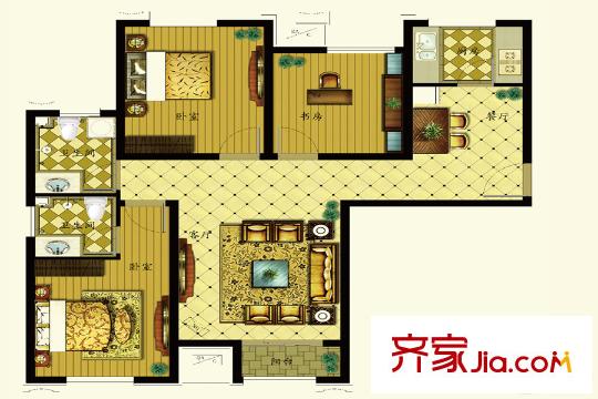 公園藝境北區(qū)1、4號樓標準層C1戶型 3室2廳2衛(wèi)1廚