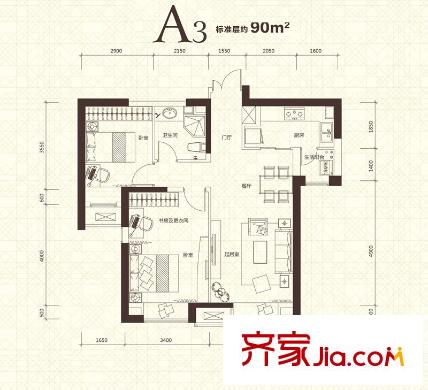 金融街南開中心戶型圖二期14、15號樓標(biāo)準(zhǔn)層A3戶型（售罄） 2室2廳1衛(wèi)1廚