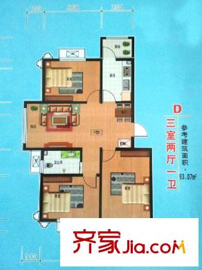 福鑫家園一期2#樓標(biāo)準(zhǔn)層D戶型 3室2廳1衛(wèi)1廚