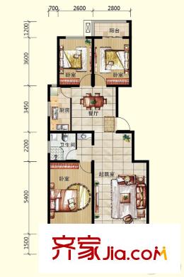 良園新居5#樓標(biāo)準(zhǔn)層C1戶型 3室2廳1衛(wèi)1廚