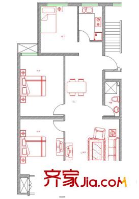 錦繡花園103#樓標準層E戶型 3室2廳1衛(wèi)1廚