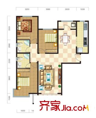 東方晨曲花苑3#樓標(biāo)準(zhǔn)層D戶型 3室2廳2衛(wèi)1廚