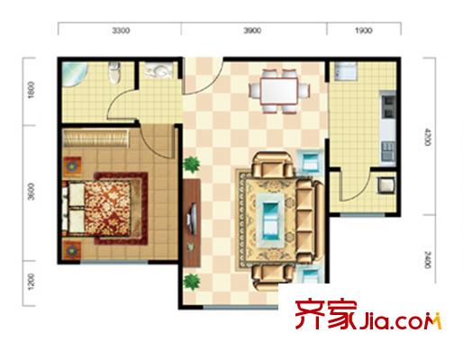 東方晨曲花苑1、2#樓標(biāo)準(zhǔn)層B戶型 1室2廳1衛(wèi)1廚