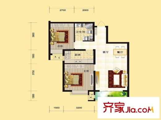 世紀(jì)學(xué)庭109、113#標(biāo)準(zhǔn)層C2戶(hù)型   2室2廳1衛(wèi)1廚