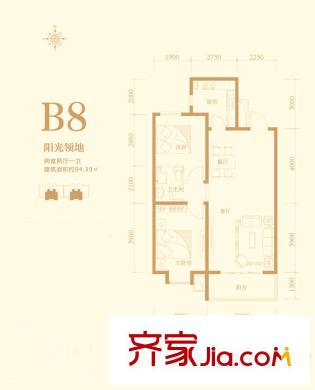 渤海豪庭8號(hào)樓標(biāo)準(zhǔn)層B8戶型 2室2廳1衛(wèi)
