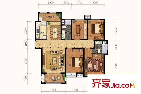 鳳凰湖畔5號(hào)樓標(biāo)準(zhǔn)層C1戶型 4室2廳2衛(wèi)1廚