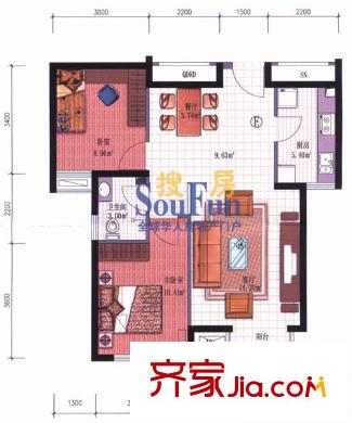 玫瑰園102號樓E戶型 2室2廳1衛(wèi)1廚
