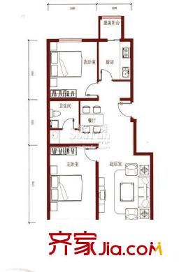 鴻福嘉苑108號樓D2戶型圖 2室2廳1衛(wèi)1廚