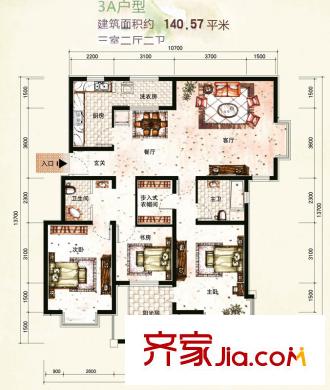 天房天和園一期小高層標(biāo)準(zhǔn)層3A戶型 3室2廳2衛(wèi)1廚