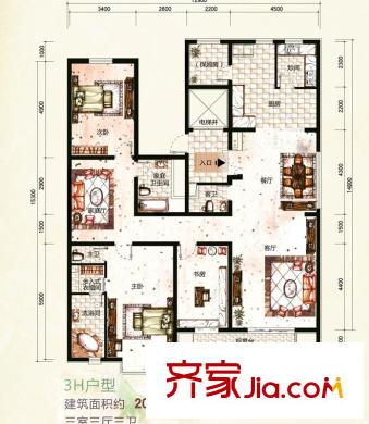 天房天和園一期小高層標(biāo)準(zhǔn)層3H戶型 3室3廳3衛(wèi)1廚