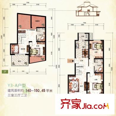 天房天和園一期小高層標(biāo)準(zhǔn)層Y3-A戶型 3室2廳2衛(wèi)1廚