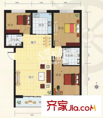 馨港酈景3號樓D-2戶型 3室2廳2衛(wèi)1廚