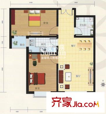 馨港酈景1號(hào)樓B戶型 2室2廳1衛(wèi)1廚