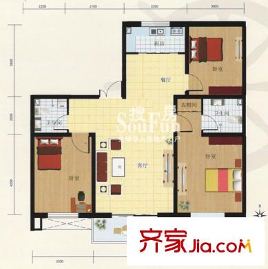 馨港酈景2號(hào)樓B戶型 3室2廳2衛(wèi)1廚