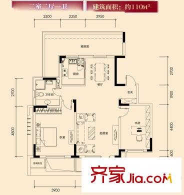 津濱藏錦戶型圖高層標準層2b戶型 2室2廳1衛(wèi)1廚