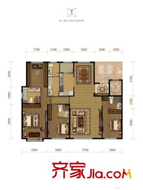 融創(chuàng)王府壹平方米三期高層13號(hào)樓標(biāo)準(zhǔn)層T戶(hù)型 4室2廳4衛(wèi)1廚