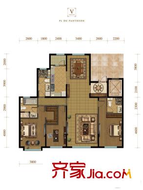 融創(chuàng)王府壹平方米三期高層14號(hào)樓標(biāo)準(zhǔn)層V戶(hù)型 3室2廳3衛(wèi)1廚