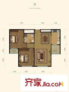 融創(chuàng)王府壹平方米三期高層1號(hào)樓標(biāo)準(zhǔn)層H戶(hù)型 2室1廳1衛(wèi)1廚