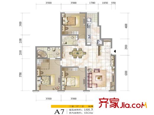 陽光晶典戶型圖高層3號(hào)樓標(biāo)準(zhǔn)層A7戶型 3室2廳2衛(wèi)1廚
