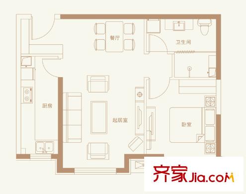 新天地鷺港1602#樓標(biāo)準(zhǔn)層F戶型 1室2廳1衛(wèi)1廚