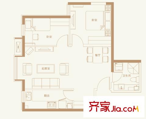 新天地鷺港1601#樓標(biāo)準(zhǔn)層C戶型 2室2廳1衛(wèi)1廚