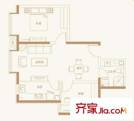 新天地鷺港1601#樓標(biāo)準(zhǔn)層B戶型 2室1廳1衛(wèi)1廚