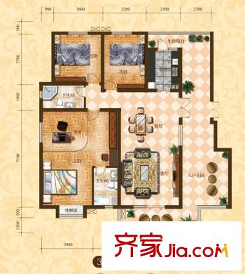 鼎盛容郡3#、5#、6#樓B1戶型 3室2廳2衛(wèi)1廚