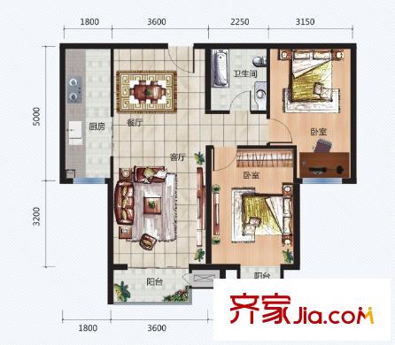 青年城二期6號(hào)樓J/G戶(hù)型 2室2廳1衛(wèi)1廚
