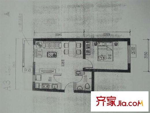 嘉美廣場(chǎng)4#樓A3戶型  1室2廳1衛(wèi)1廚