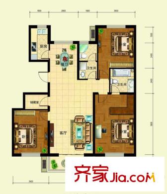 天景美地1#D1戶型 3室2廳2衛(wèi)1廚