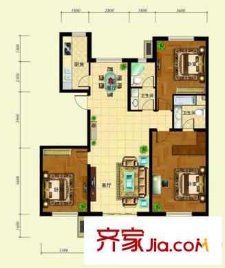天景美地3#4#D戶型 3室2廳2衛(wèi)1廚