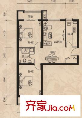 嘉美廣場1#樓標準層B1戶型 2室2廳1衛(wèi)1廚