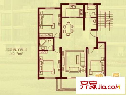 五一陽(yáng)光尊園戶型圖戶型圖 3室2廳2衛(wèi)1廚