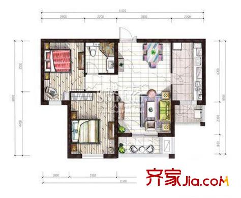 花園五座戶型圖B戶型 2室2廳1衛(wèi)