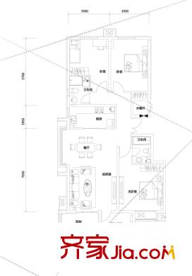 新天地美域1905#樓標(biāo)準(zhǔn)層A-2戶(hù)型 3室2廳2衛(wèi)1廚