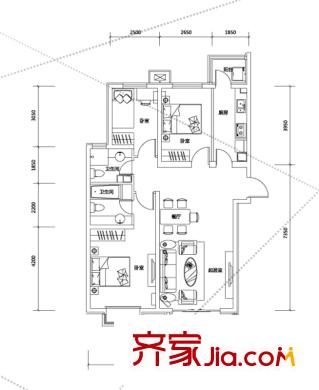 新天地美域1401-1416/1415-1419號樓標準層F-1戶型 3室2廳1衛(wèi)1廚