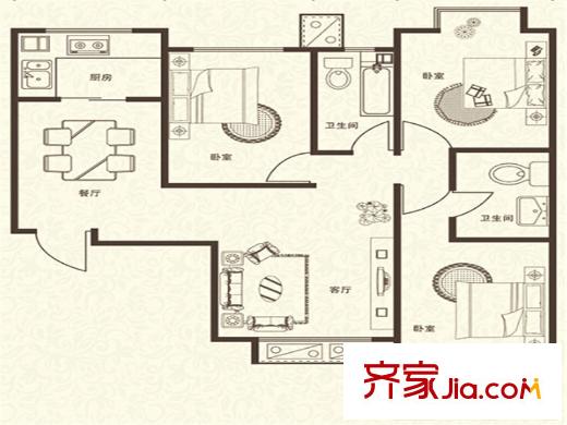 中環(huán)廣場3#樓標(biāo)準(zhǔn)層D戶型 3室2廳2衛(wèi)1廚