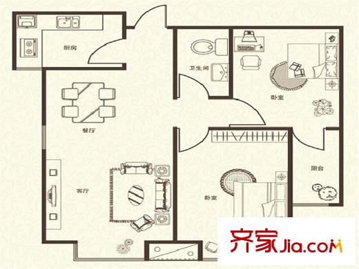 中環(huán)廣場3#樓標(biāo)準(zhǔn)層B戶型 2室2廳1衛(wèi)1廚