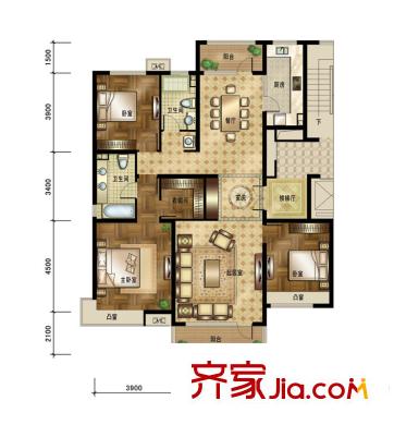 平方米陽新城206#樓標準層D6戶型 3室2廳2衛(wèi)1廚