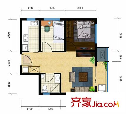 啟新18898#樓標準層A戶型 2室1廳1衛(wèi)1廚