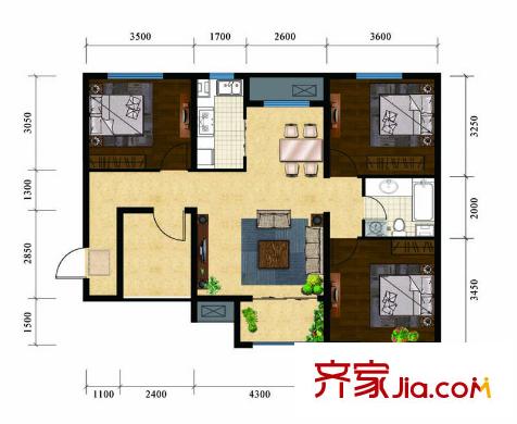 啟新18896#樓標準層D戶型 3室2廳1衛(wèi)1廚
