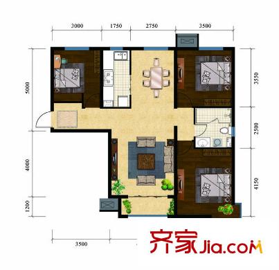 啟新18896#樓標準層E戶型 3室2廳1衛(wèi)1廚
