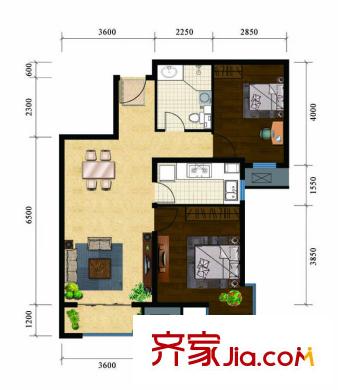 啟新18896#樓標準層F戶型 2室2廳1衛(wèi)1廚