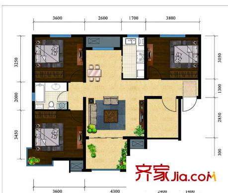 啟新18896#樓標準層A戶型 3室2廳1衛(wèi)1廚