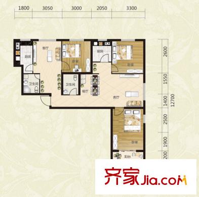 逸景陽(yáng)光1#樓標(biāo)準(zhǔn)層D戶型 3室3廳2衛(wèi)2廚