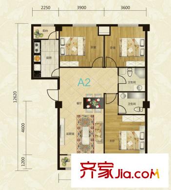 逸景陽(yáng)光2#樓標(biāo)準(zhǔn)層A2戶型 3室2廳2衛(wèi)1廚