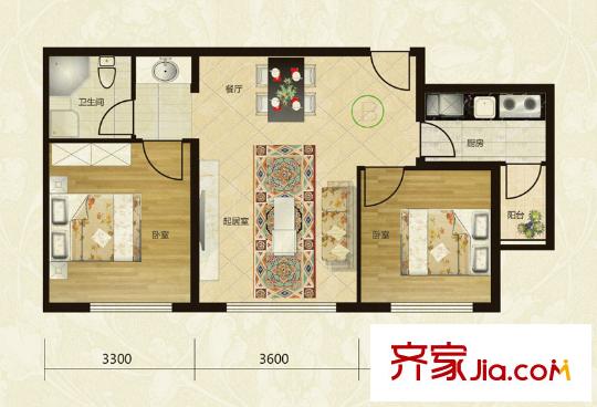 逸景陽(yáng)光1#樓標(biāo)準(zhǔn)層B戶型 2室2廳1衛(wèi)1廚